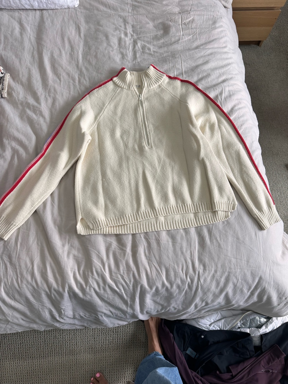 Marine Layer Women’s retro Cream Zip-Up Sweater with colorful striping on sleeve